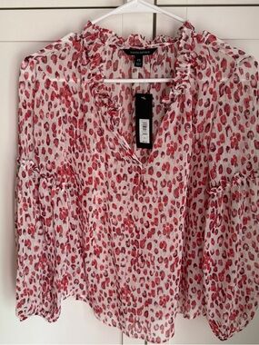 Banana Republic Red and White Leopard Ruffle V-Neck Blouse